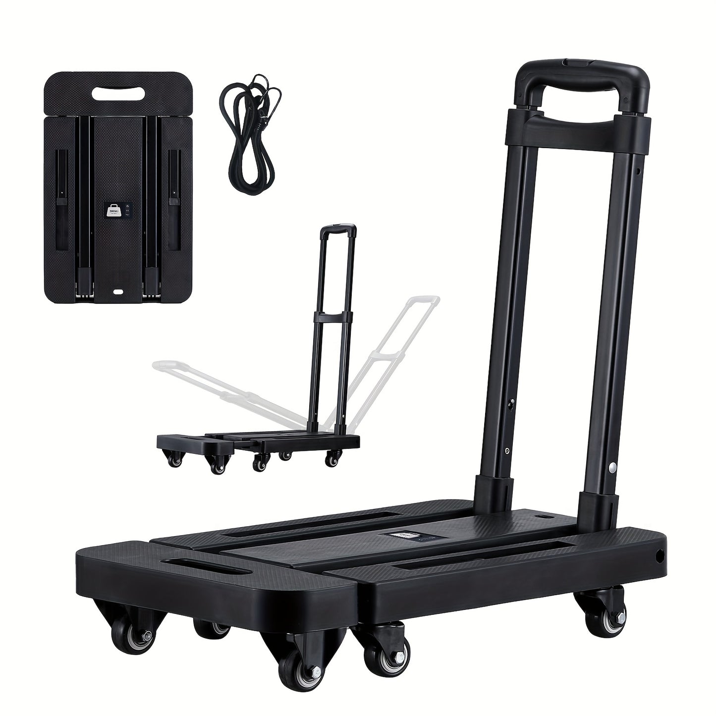Chariot pliable avec 2 cordes élastiques, 6 roues, capacité 200 kg, pour bagages, voyages, courses, déménagement et bureau