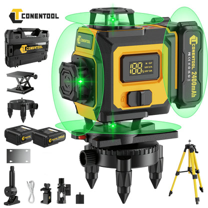 Niveau laser autodresseur 4D professionnel Conentool avec ou sans trépied robuste et barre d'extension, projecteur de lignes horizontales/verticales 16 lignes, options batterie/affichage LCD, base rotative 360° adapté au bricolage et à la rénovation