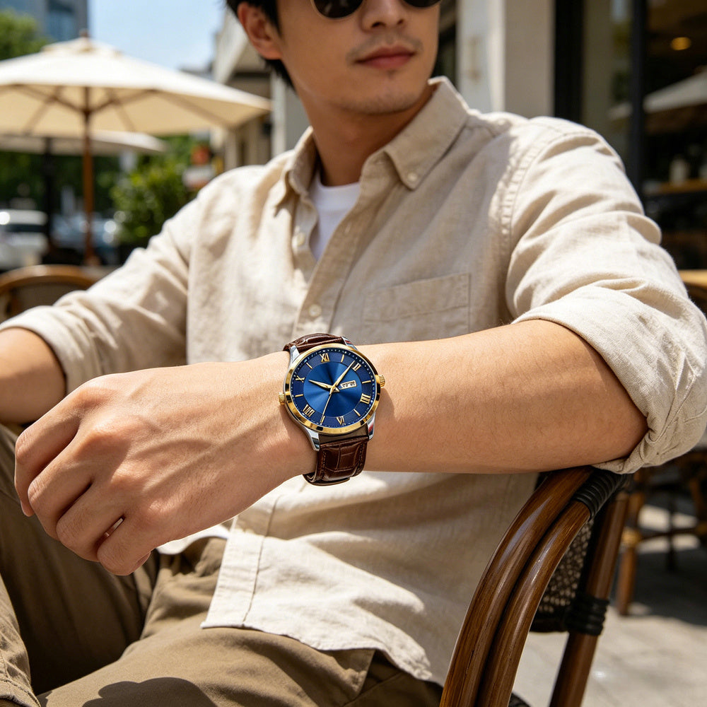 Montre-bracelet vintage minimaliste pour homme avec bracelet en cuir PU souple et affichage double date transparent, accessoire de luxe quotidien pour les trajets professionnels et les banquets, cadeau d'anniversaire idéal pour messieurs, cadran fin et dé