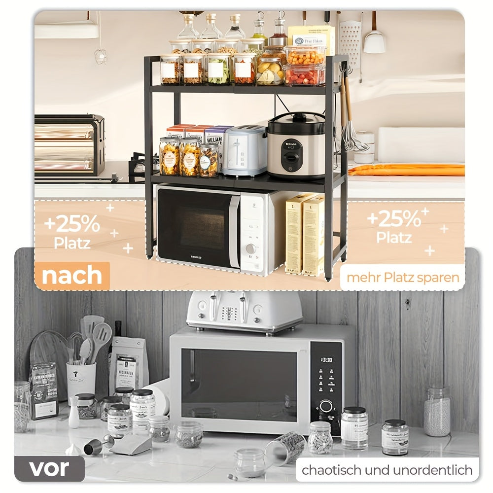 Étagère de micro-ondes extensible à 3 niveaux, support de micro-ondes, convient pour l'organisation de la cuisine, support de micro-ondes, étagère de cuisine, établi, support à pain, étagère de micro-ondes, avec 6 crochets