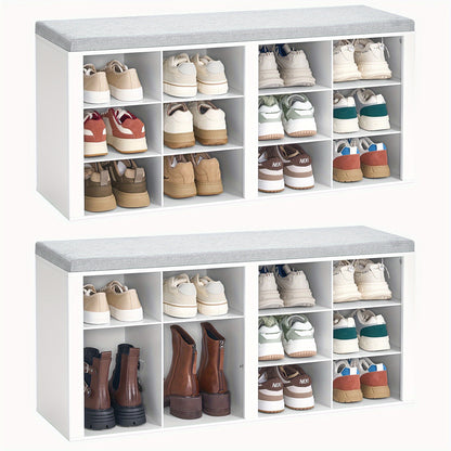 Banc de Rangement pour Chaussures, Siège avec Étagère, Incluant un Meuble, Coussins Rembourrés, Doté de 12 Compartiments, Convient aux Salons, Couloirs et Chambres, dans une Couleur Blanc-Gris