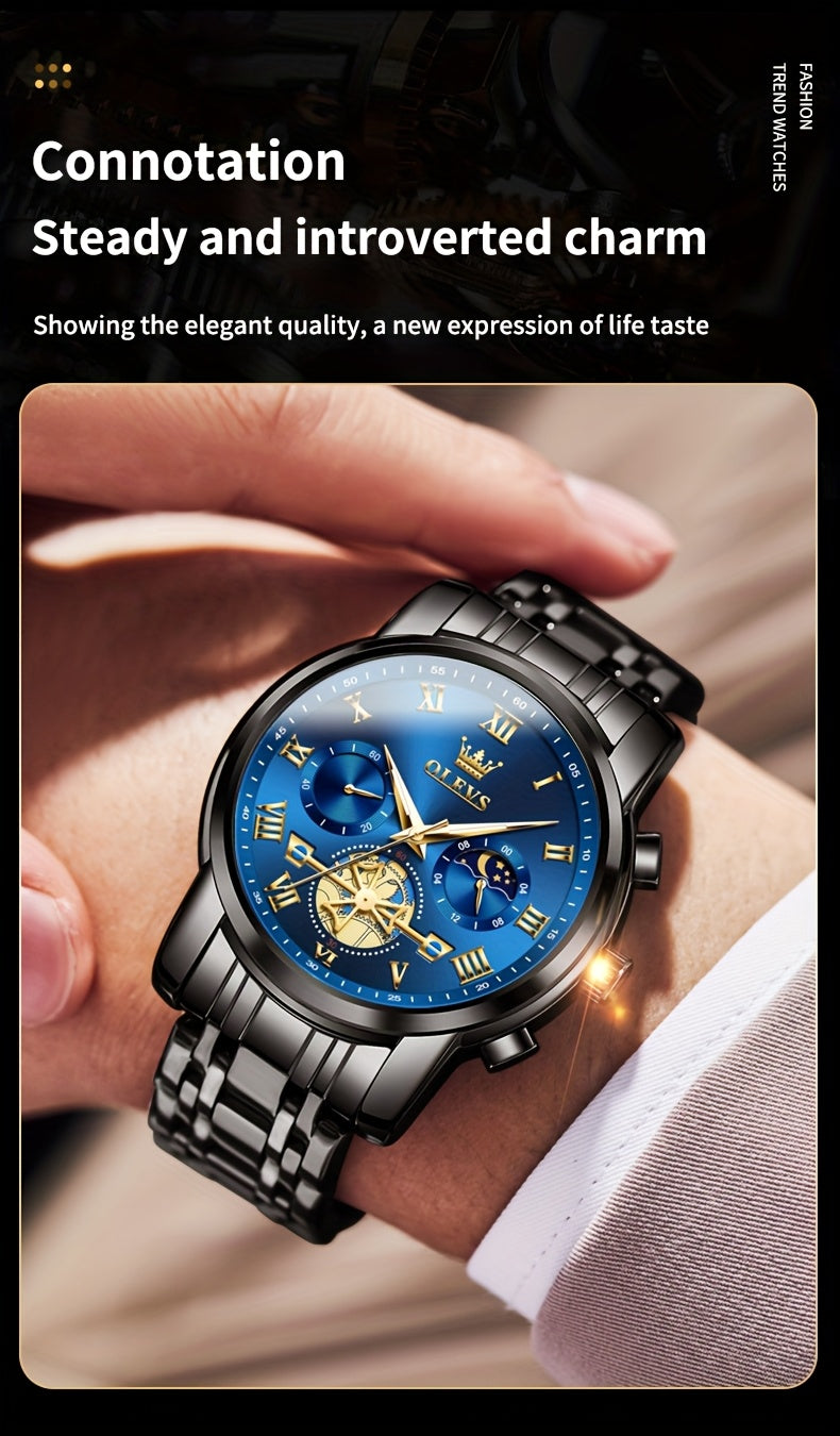 Montres pour Hommes OLEVS Montre à Quartz de Luxe avec Bracelet en Acier Inoxydable, Numéros Romains et Phases Lunaires Lumineuses, Classique Élégante, Cadeaux Romantiques de Noël, Relojes de Hombre Bleu/Noir/Blanche/Cadran Doré