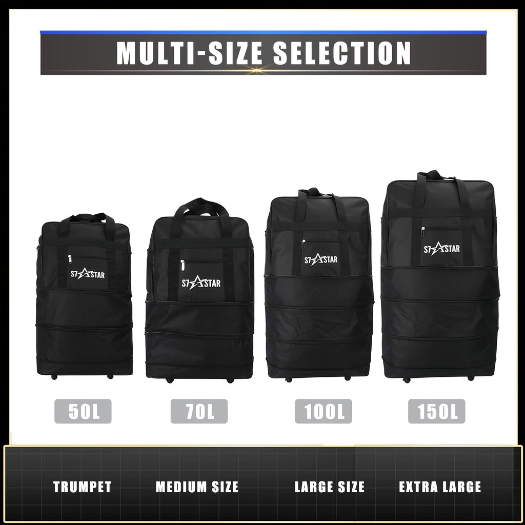 un sac de voyage pliable noir à roulettes, fabriqué en tissu Oxford léger, offrant un espace ample pour des activités comme le camping, la randonnée, les vacances en famille, le sport, les voyages de fin de semaine, le shopping et le déménagement