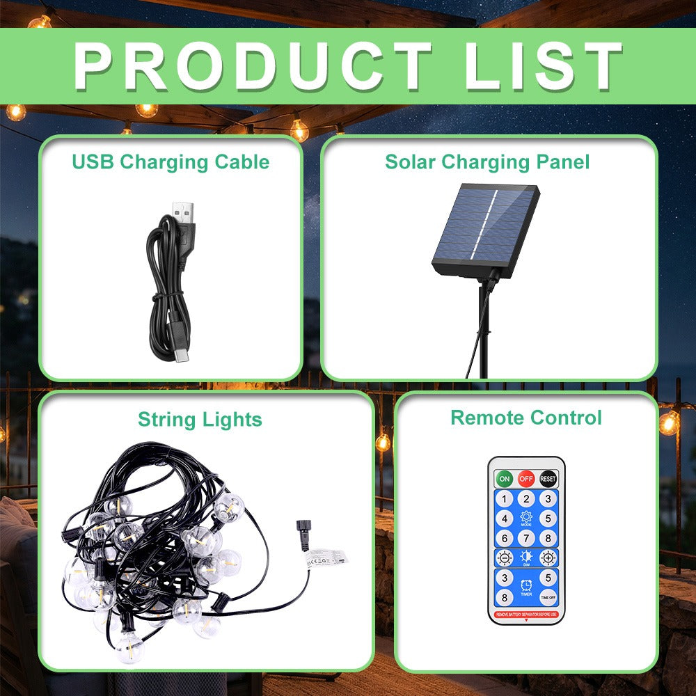 Guirlande Lumineuse Solaire d'Extérieur, 15,25M/20,13M/30,49M, Lumières LED pour Terrasse, Minuterie à Intensité Variable, 8 Modes d'Éclairage Réglables, Lumière Blanc Chaud Réglable, pour Jardin, Cour, Tonnelle, Porche, Fête, Mariage
