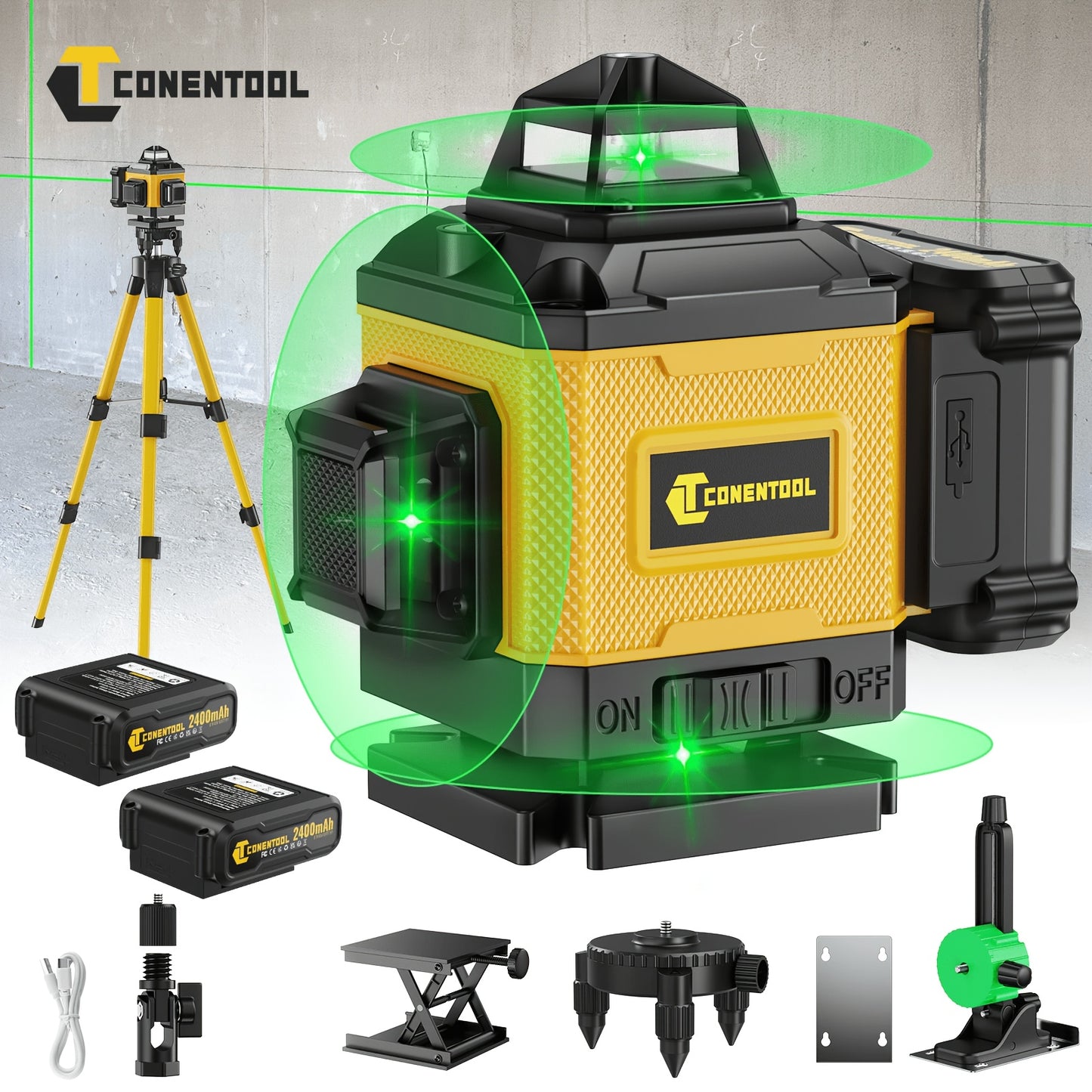 Niveau laser autodresseur 4D professionnel Conentool avec ou sans trépied robuste et barre d'extension, projecteur de lignes horizontales/verticales 16 lignes, options batterie/affichage LCD, base rotative 360° adapté au bricolage et à la rénovation