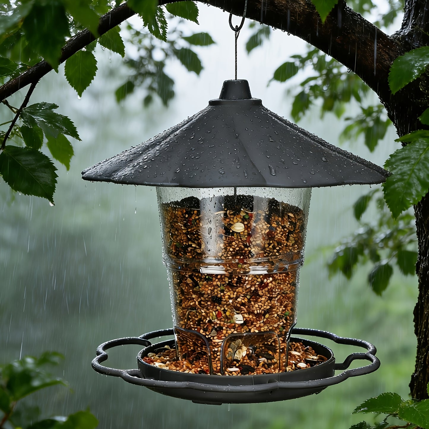 Mangeoire à oiseaux d'extérieur suspendue avec fil métallique robuste et auvent, mangeoire à oiseaux réglable en plastique, capacité de 820 ml, avec trous de drainage intégrés, conception coupe-vent, hauteur réglable, avec fil métallique robuste et auvent
