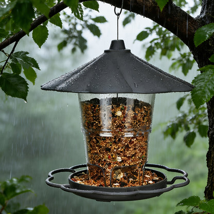 Mangeoire à oiseaux d'extérieur suspendue avec fil métallique robuste et auvent, mangeoire à oiseaux réglable en plastique, capacité de 820 ml, avec trous de drainage intégrés, conception coupe-vent, hauteur réglable, avec fil métallique robuste et auvent