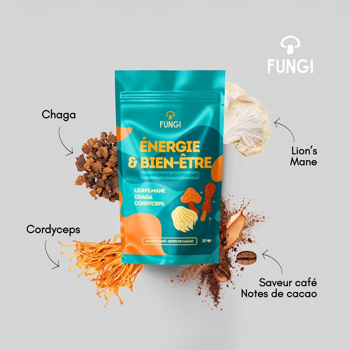 Fungi – Champignons adaptogènes (Cordyceps, Chaga, Lion’s Mane) – Saveur café, note de cacao - Naturellement sucré - stable & goût intense