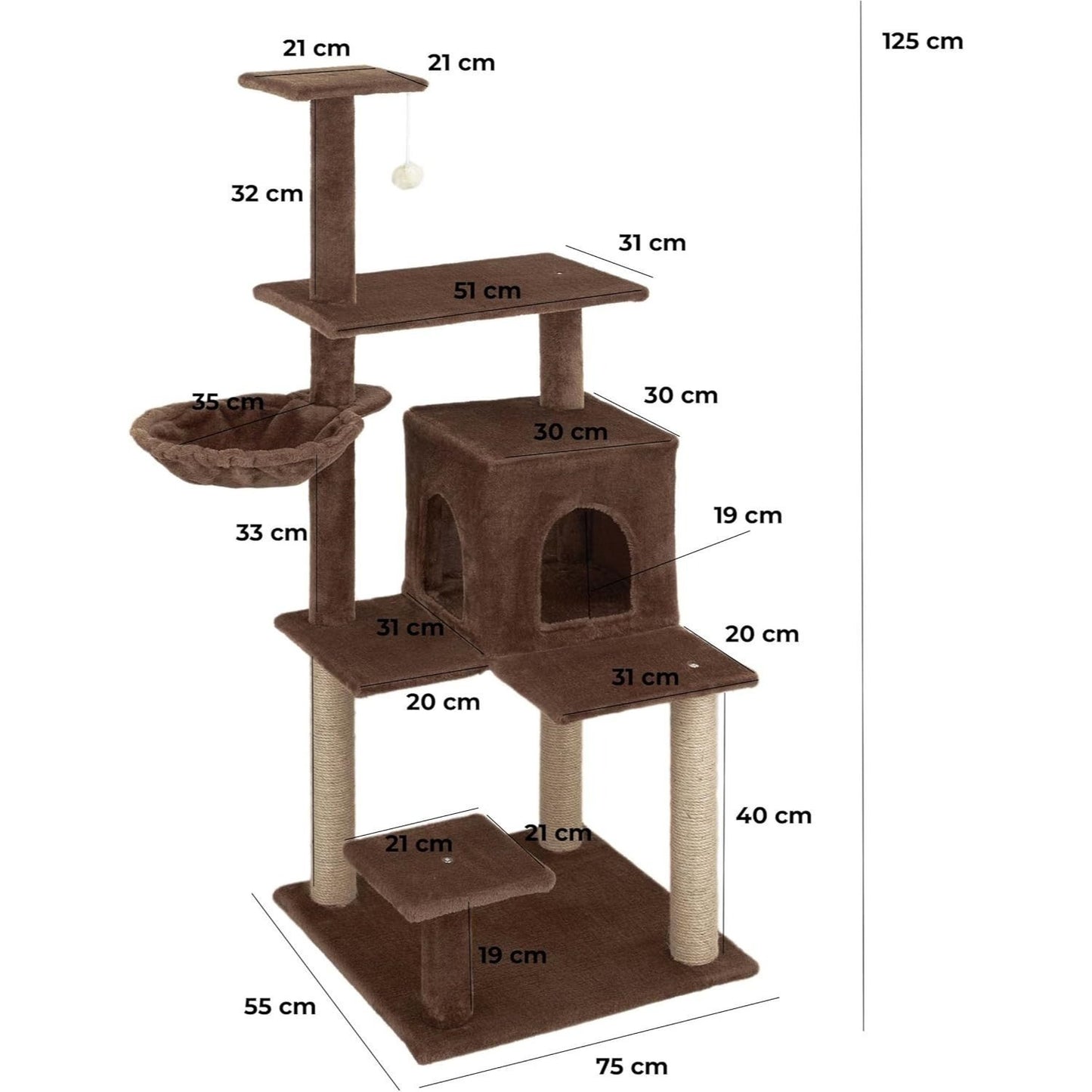 Baroni arbre à gratter pour chat en couleur marron | crème | gris 75X22X49 pouces (ou 75X55X49 pouces), arbre à gratter pour chaton, 4 niveaux avec hamac à balle et lit rectangulaire, jouet interactif pour chats et chatons pour une utilisation en intérieu