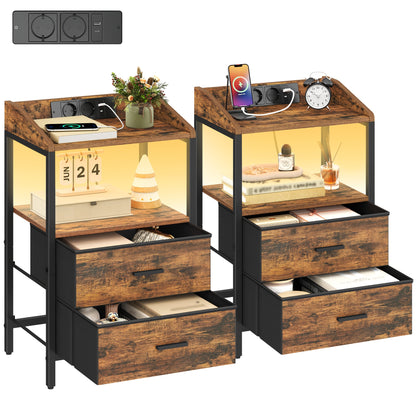 Ensemble de 2 tables de chevet, avec lumières LED et station de charge, table d'appoint avec 2 tiroirs en tissu et étagères, avec ports USB et prises, pour chambre à coucher, salon, blanc