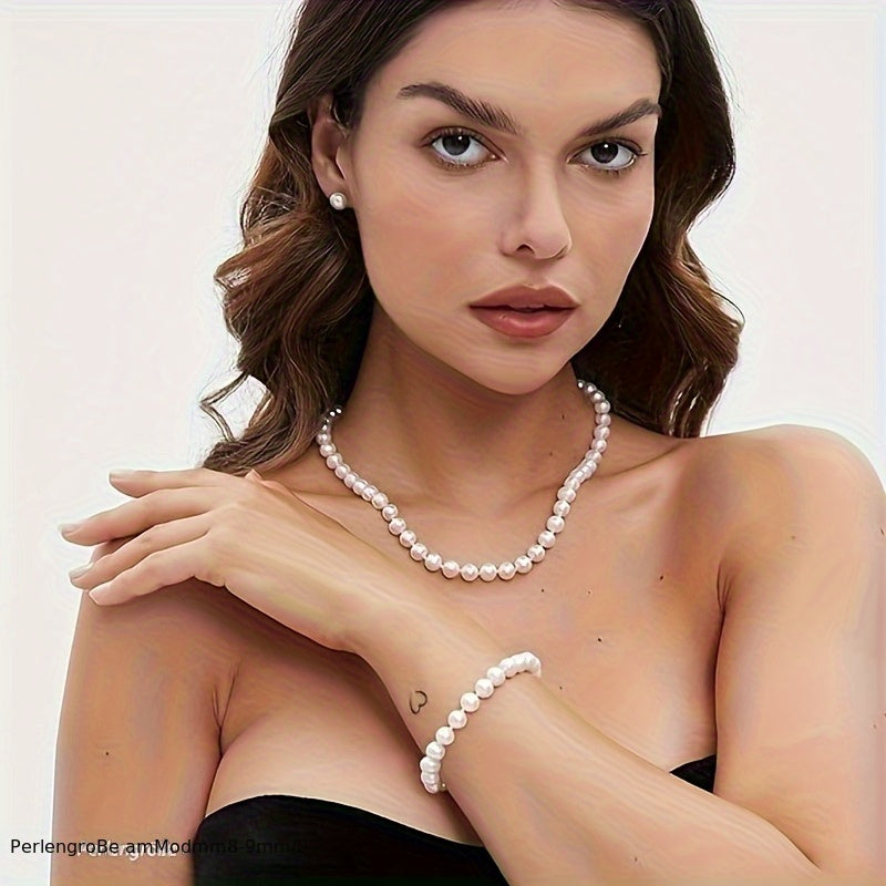 Ensemble de Perles d'Eau Douce avec Collier, Bracelet et Boucles d'Oreilles | Perles d'Eau Douce Cultivées | Fermoir en Argent 925 | Cadeau pour la Fête des Mères & Anniversaire | 45+5cm