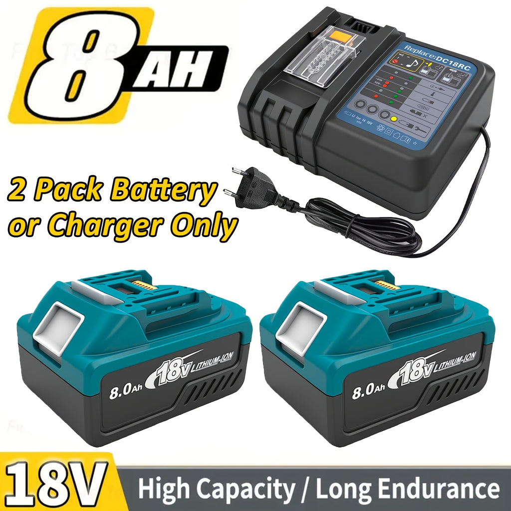 Ensemble chargeur uniquement/ Lot de 2 batteries au lithium-ion 8000mAh et chargeur, batterie avec ports de charge Type-C, lot de 2 batteries de rechange 8,0Ah BL1830 compatibles avec les batteries Makita 18V BL1850 BL1830 BL1850B BL1860B BL1860 BL1830B B