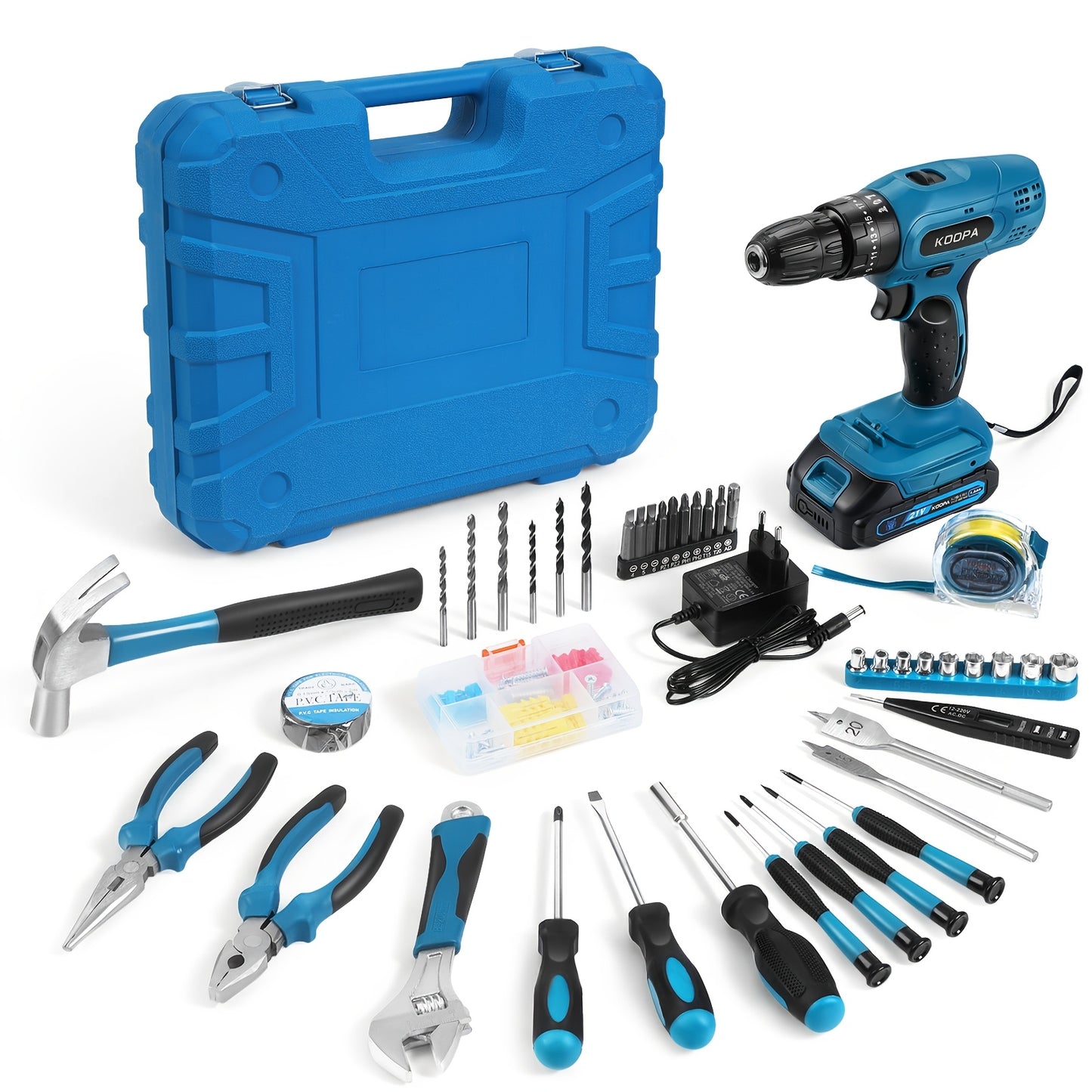 KOOPA TOOL Tournevis Électrique, Kit de Perceuse 21V, Tournevis de Perçage à 3 Niveaux de Couple 25, Équipé d'une Fonction de Perceuse à Impact et de Batterie Rechargeable, Adapté à une Boîte à Outils pour Toutes les Décorations Ménagères Quotidiennes