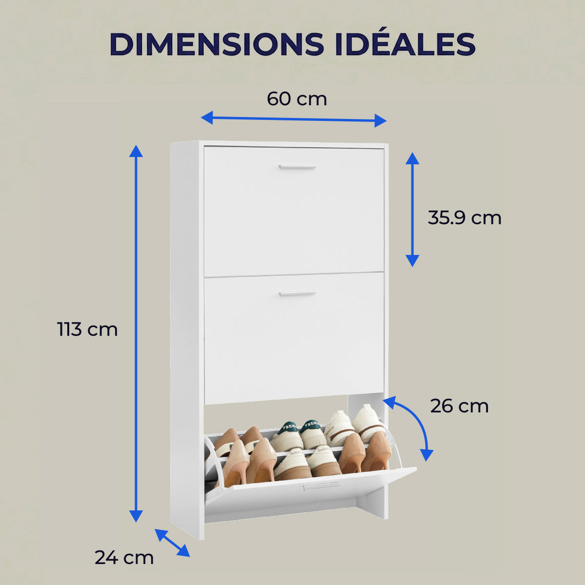 Meuble à chaussures avec 3 compartiments à abattant, armoire de rangement en bois pour jusqu'à 18 paires, organisateur d'entrée peu encombrant