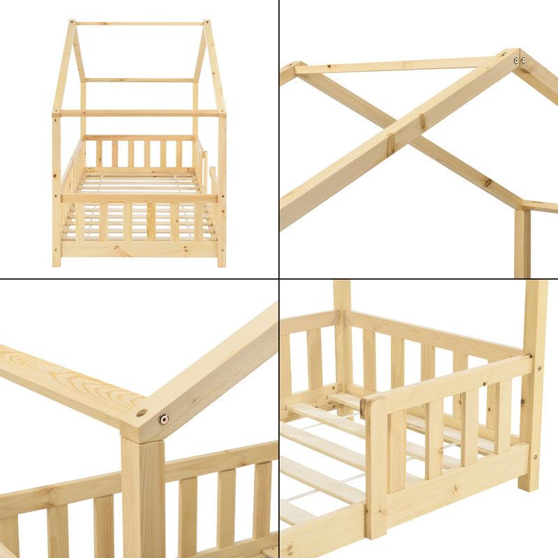 Lit pour enfants Treviolo de style maison avec protection contre les chutes en bois de pin