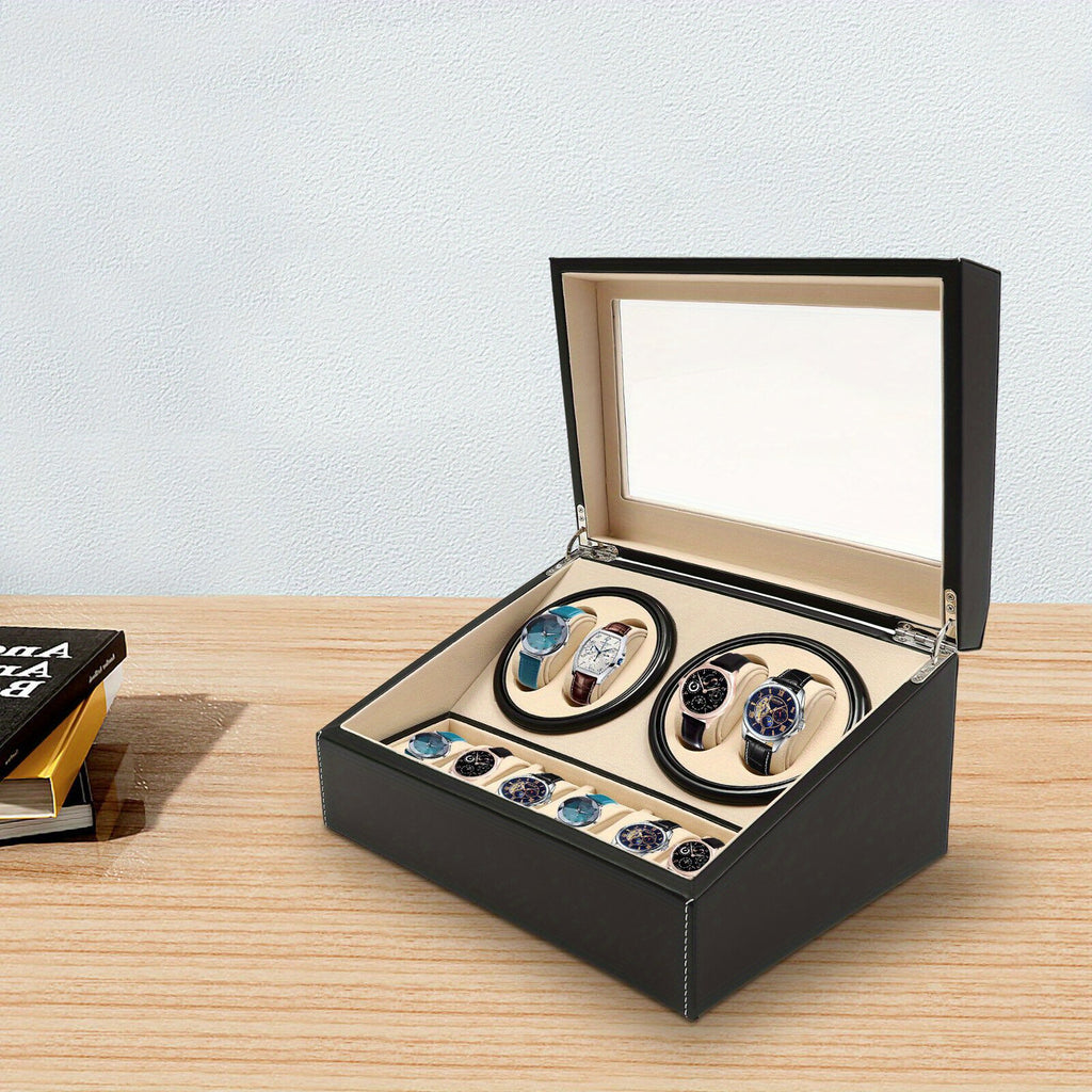 Boîte à Montres Automatique Rotative CNCEST, Boîte de Rangement pour 4 Montres avec 6 Compartiments + 6 Boîtes de Stockage en Similicuir, Noir – Idéale pour Magasins et Maison