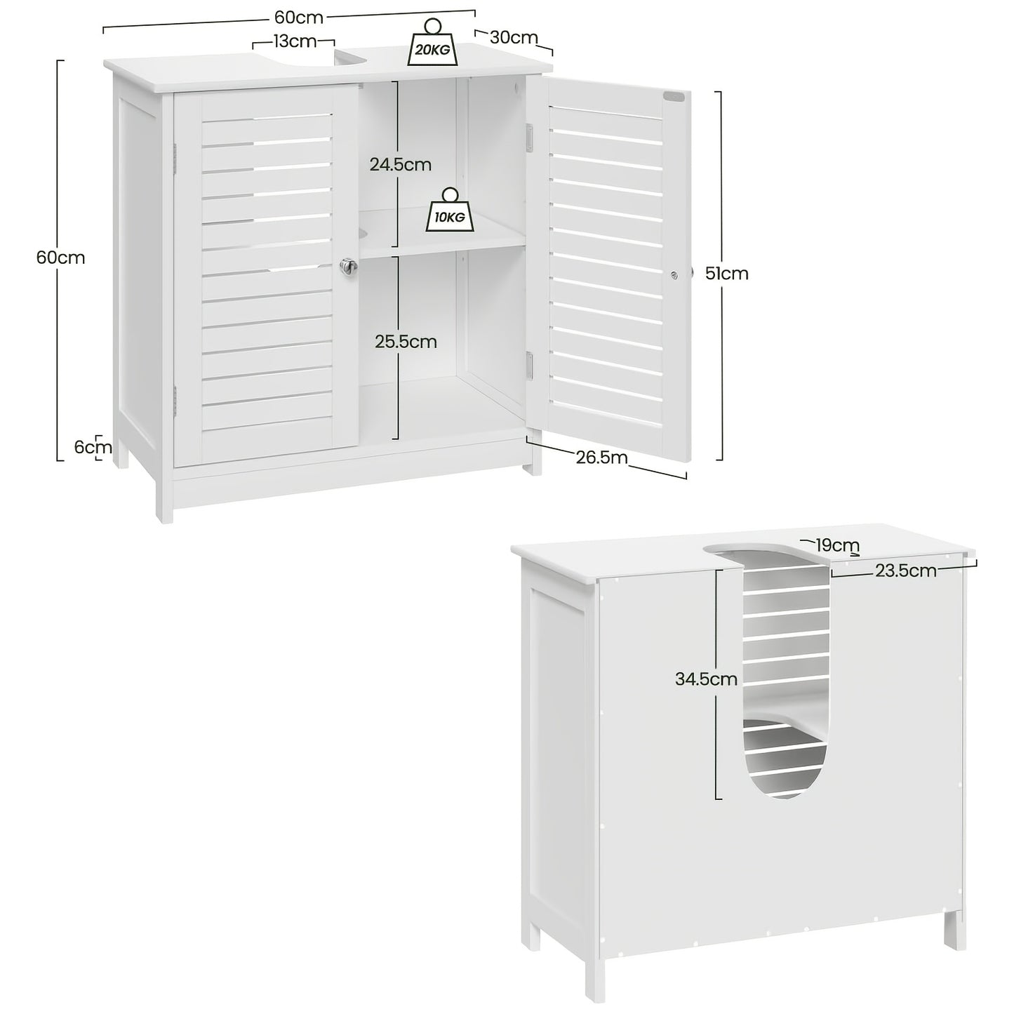 Meuble de rangement simple pour salle de bain avec deux portes, idéal pour le sol, dimensions 60 x 30 x 60 cm, couleur blanche