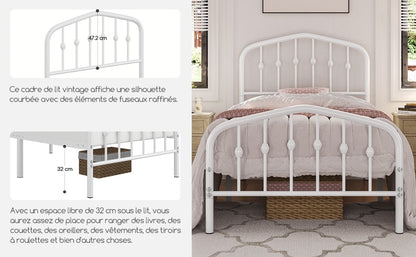 Costoffs Cadre de Lit Double en Métal Moderne - Avec Sommier à Lattes Métalliques - Espace de Rangement Sous-lit - Idéal pour Chambre, Dortoir ou Appoint - Style Industriel Intemporel