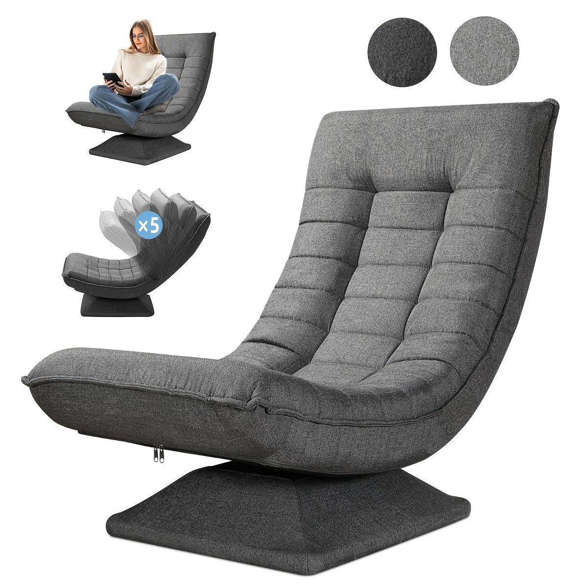 Fauteuil Canapé, Chaise de Sol, Dossier Réglable Rotation 360° Pliable Capacité de Charge 150Kg Design Élégant et Confort Abordable, L'Idéal pour la Décoration Intérieure, Offrant Un Endroit Confortable pour Se Détendre. Noir, Gris