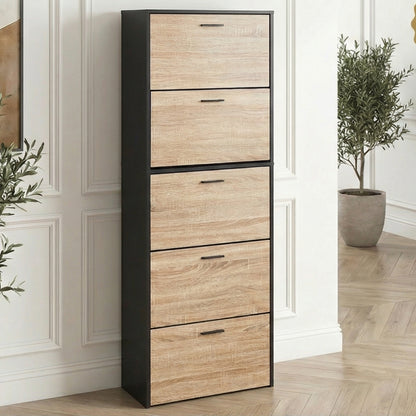 Meuble à chaussures fin avec 5 compartiments à rabat, armoire à chaussures en bois pour jusqu'à 15 paires, organisateur d'entrée peu encombrant