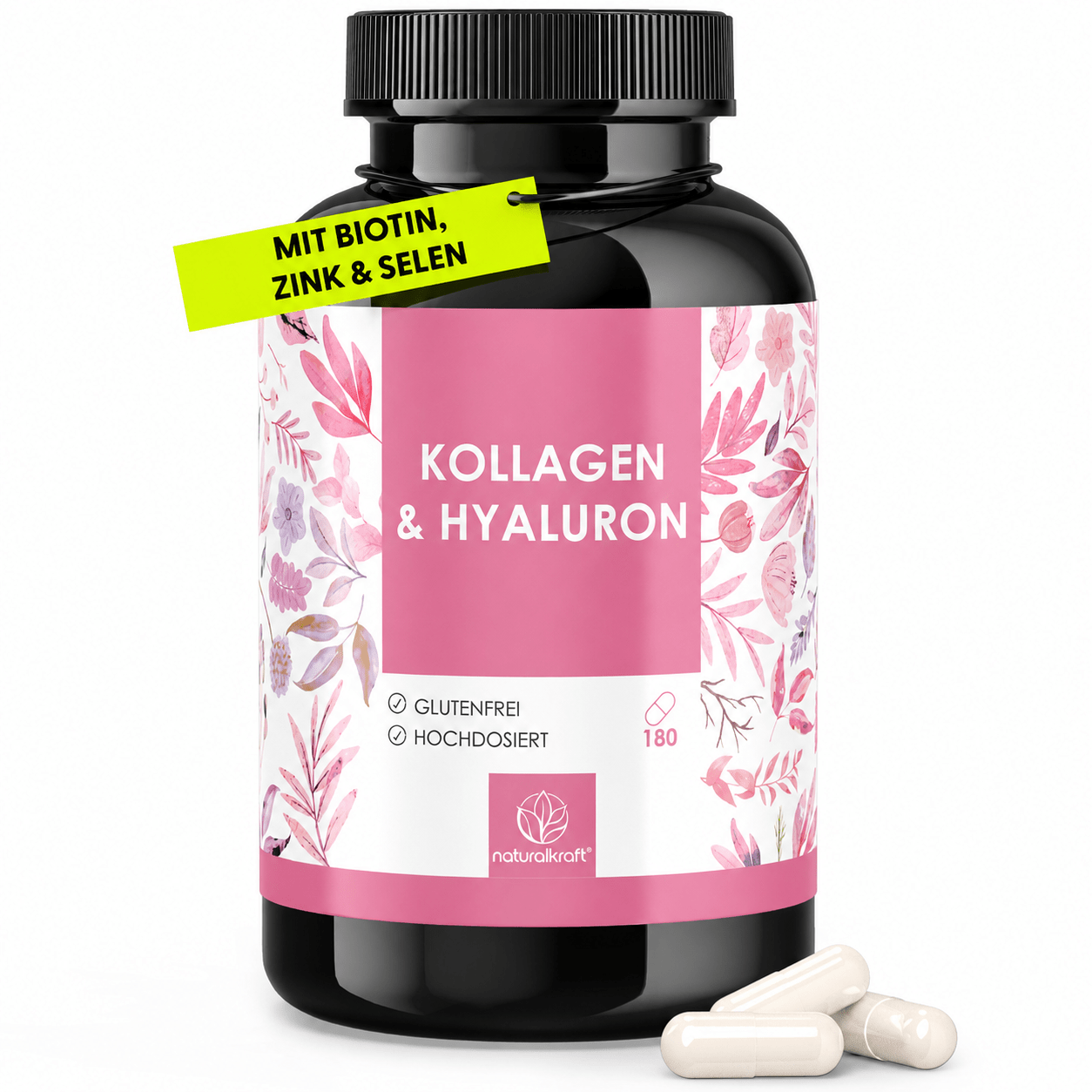 NATURALKRAFT® Collagène & Acide Hyaluronique Premium - avec Biotine, Zinc, Sélénium, Vitamine C & Silicium - Haute Biodisponibilité, Testé en Laboratoire, Qualité Marque Allemande - 180 Capsules
