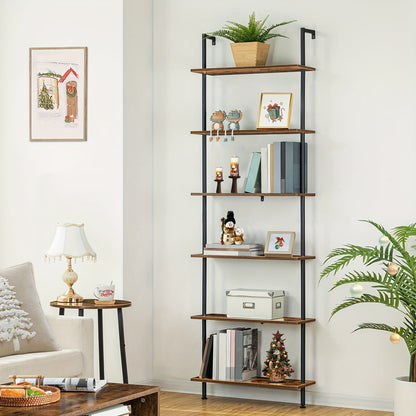 Étagère à 6 niveaux à monter soi-même, Étagère échelle industrielle, Unité d'étagères en panneaux de particules, Étagère verticale sur pied, avec cadre métallique stabilisateur, pour bureau à domicile, salon, Marron foncé