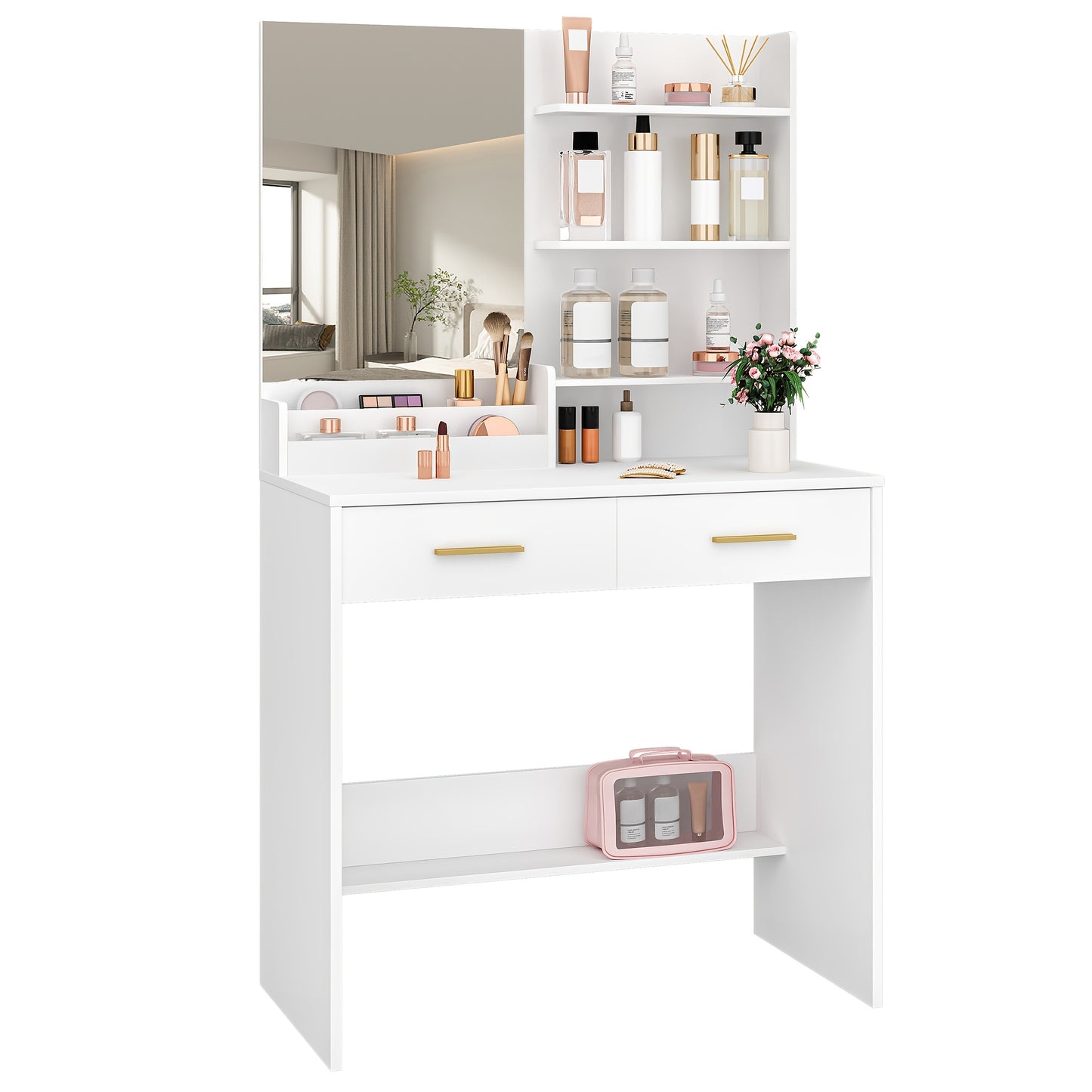 Table à toilette avec miroir, unité de toilette avec 4 étagères ouvertes et 2 compartiments, table à toilette avec 2 tiroirs, pour chambre à coucher, salon, ne comprend pas le tabouret