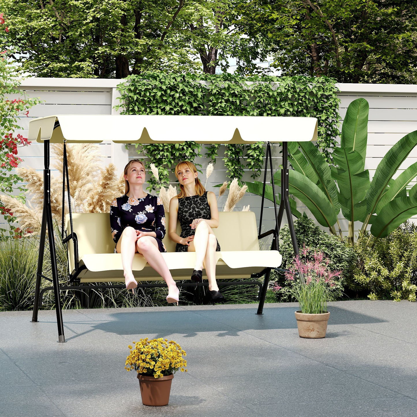 Balancelle de jardin à 3 places avec toit ouvrant réglable et coussin de siège et pieds antidérapants, balançoire de jardin jusqu'à 200 kg, fauteuil à bascule