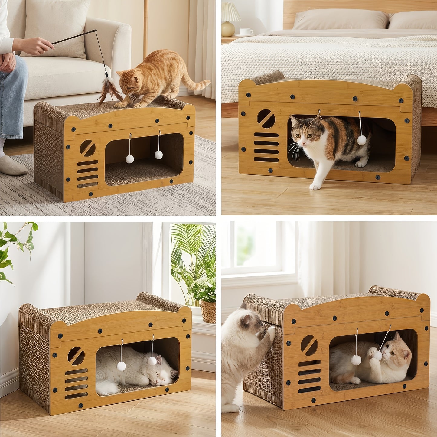 Grande maison pour chat avec poteaux à griffer, panier de transport et griffoir 3-en-1 en carton pour aiguiser les griffes, se cacher et se reposer, pompon intégré pour jouer, construction durable et robuste & facile à assembler, supporte jusqu'à 11 kg, c