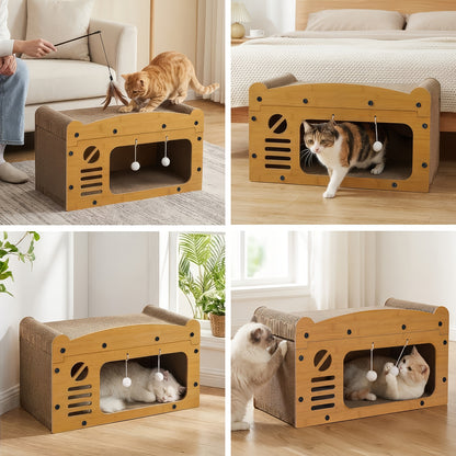 Grande maison pour chat avec poteaux à griffer, panier de transport et griffoir 3-en-1 en carton pour aiguiser les griffes, se cacher et se reposer, pompon intégré pour jouer, construction durable et robuste & facile à assembler, supporte jusqu'à 11 kg, c