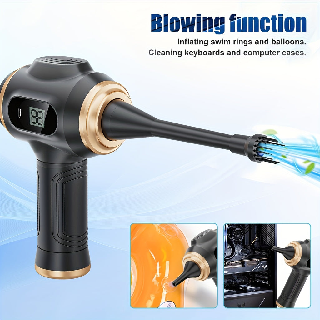 BELIBUY Aspirateur à main multifonction USB rechargeable, affichage de la puissance, lames de ventilateur, faible bruit de 70 Db, double usage soufflerie et aspiration, nettoyage bidirectionnel double mode, utilisation à la maison et en voiture, cartouche