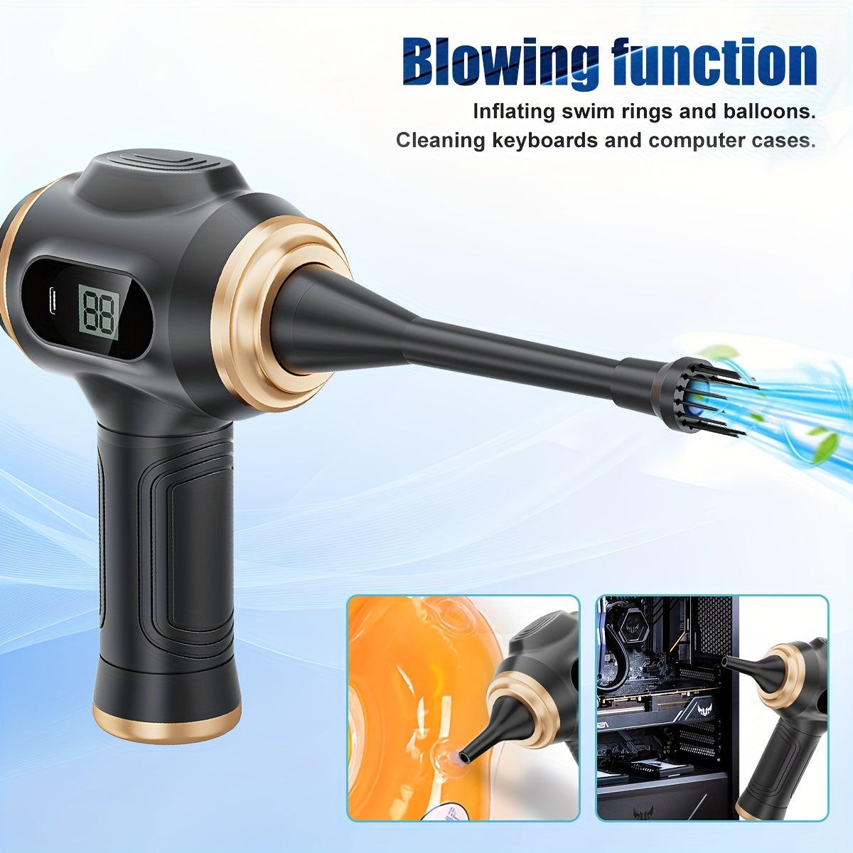 BELIBUY Aspirateur à main multifonction USB rechargeable, affichage de la puissance, lames de ventilateur, faible bruit de 70 Db, double usage soufflerie et aspiration, nettoyage bidirectionnel double mode, utilisation à la maison et en voiture, cartouche