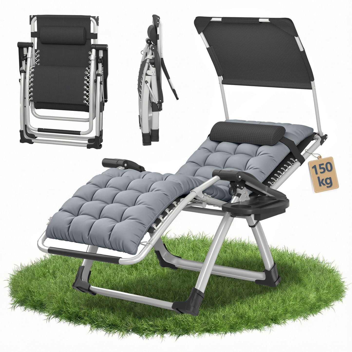 Lounge de soleil avec auvent, chaise longue pliable, très large, dossier réglable, coussin épaissi ergonomique, oreiller cervical, poches latérales, porte-gobelets, gris noir, gris clair, beige