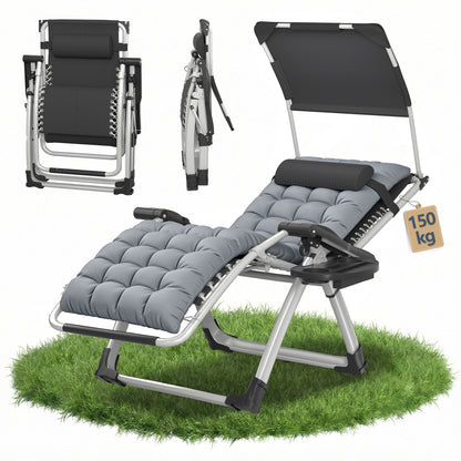Lounge de soleil avec auvent, chaise longue pliable, très large, dossier réglable, coussin épaissi ergonomique, oreiller cervical, poches latérales, porte-gobelets, gris noir, gris clair, beige