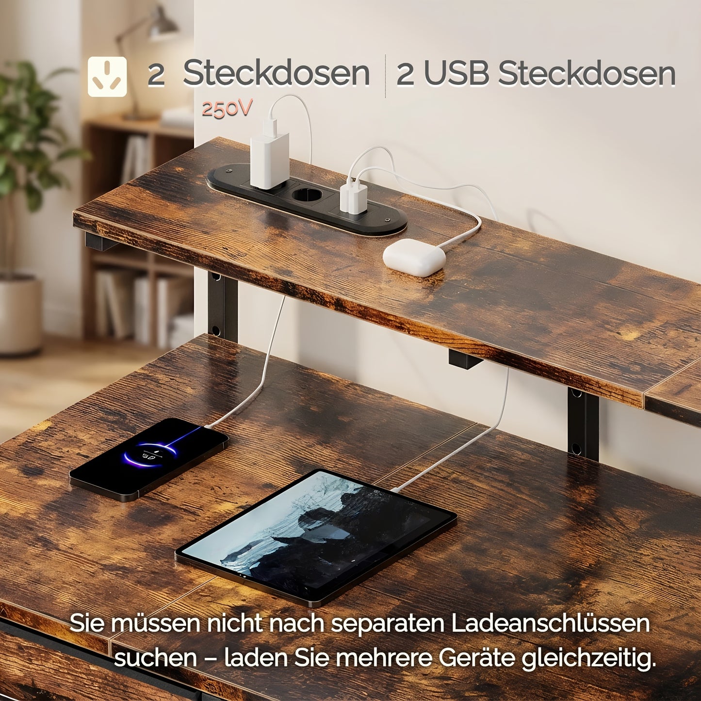 Bureau d'ordinateur avec 8 tiroirs de rangement en tissu, bureau d'étude/chambre à coucher, bureau de jeu de 119,38 cm avec éclairage LED et prises USB, bureau de bureau à domicile avec support d'ordinateur, 4 couleurs