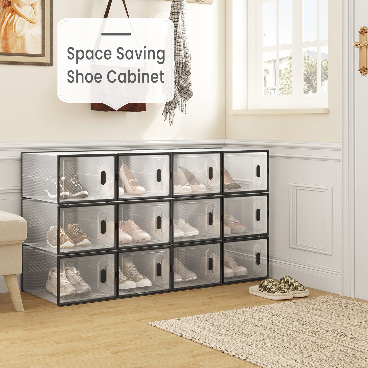 Boîte à chaussures empilable, Boîte à chaussures avec porte magnétique, Boîte en plastique pour rangement de chaussures, Organisateur de chaussures pliable pour tailles inférieures à 42, 35X19X25 Cm