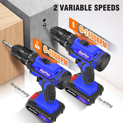 Perceuse combinée sans fil, ensemble de perceuse électrique 21V, perceuse à vis électrique avec réglage de couple 25+1, outils électriques de puissance 60Nm, perceuse électrique, 2 vitesses, lumière LED, kit de perceuse à batterie avec 31 accessoires pour