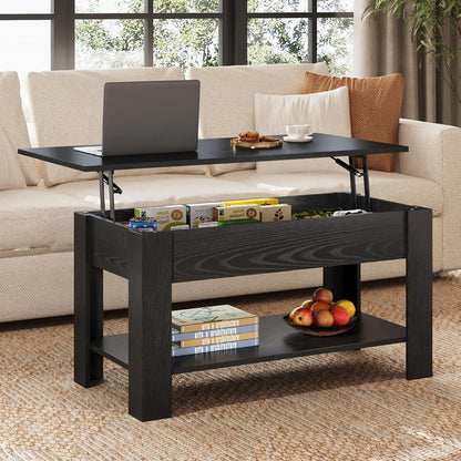Table Basse Réglable en Hauteur avec Étagère, Table de Salon Rectangulaire avec Espace de Rangement Ouvert et Caché, Table de Salon pour Salon, Chambre à Coucher