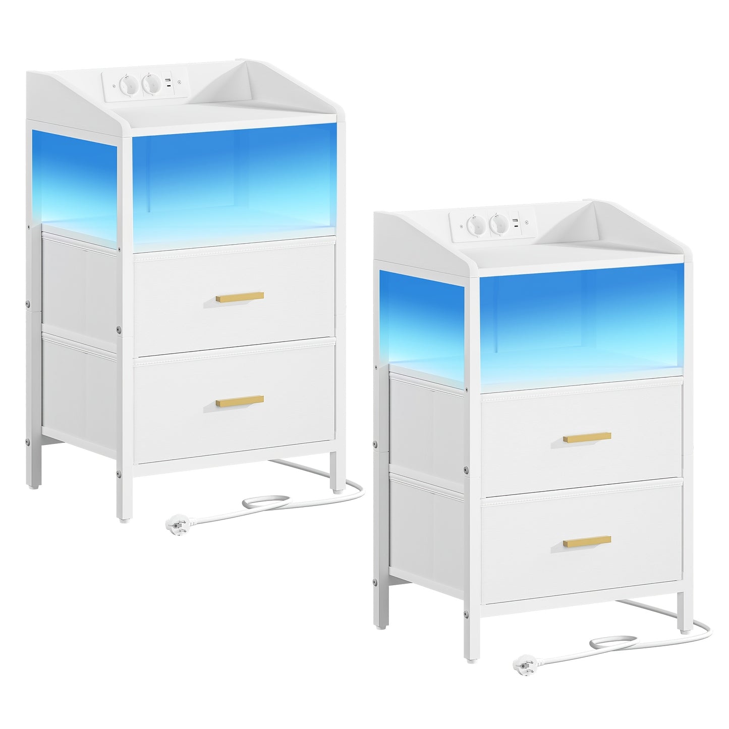 Ensemble de 2 tables de chevet, avec lumières LED et station de charge, table d'appoint avec 2 tiroirs en tissu et étagères, avec ports USB et prises, pour chambre à coucher, salon, blanc