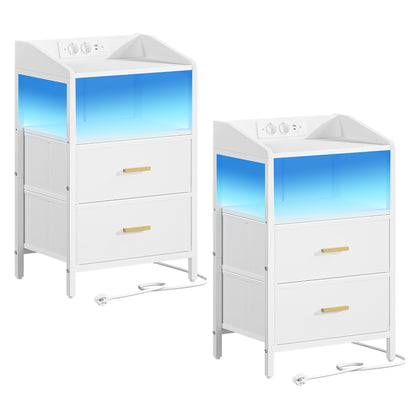 Ensemble de 2 tables de chevet, avec lumières LED et station de charge, table d'appoint avec 2 tiroirs en tissu et étagères, avec ports USB et prises, pour chambre à coucher, salon, blanc