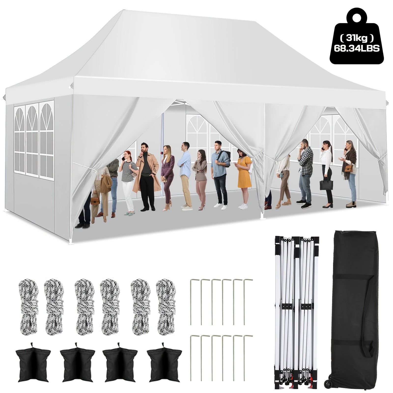 Tente Pop-Up 3X6M/3.05X3.05M avec 6 murs latéraux amovibles ou 4 murs latéraux amovibles, disponible avec ou sans sacs de sable, style, idéale pour les mariages de fête, les pavillons de jardin pour les mariages à la plage, auvent instantané de camping, t