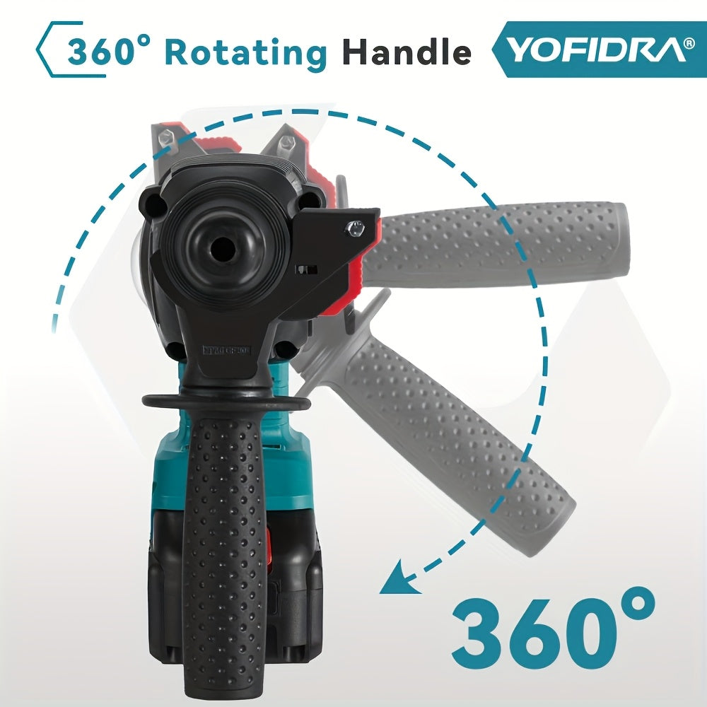 Perceuse à percussion électrique, poignée auxiliaire rotative à 180 degrés, boîte à vitesses 4 vitesses, mandrin métallique 26 mm, perceuse rotative sans fil, adaptée pour percer béton, acier, brique et bois, compatible avec les batteries YOFIDRA