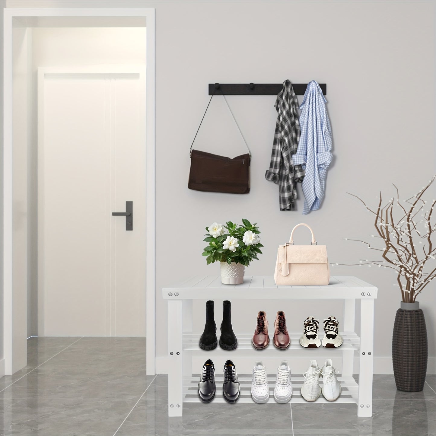 Tabouret à chaussures en bambou de 70*27*42 cm, un article ménager polyvalent et facile à utiliser avec un support de rangement à deux niveaux et un banc à chaussures, conçu de manière compacte pour une utilisation dans les salons et les balcons