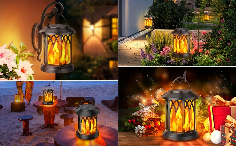 2 Pack Lumières Solaires Extérieures, Lanternes Solaires Suspendues avec Effets de Flamme, Décoration de Jardin IPX5 avec Pinces pour Extérieur, Cour, Balcon, Halloween