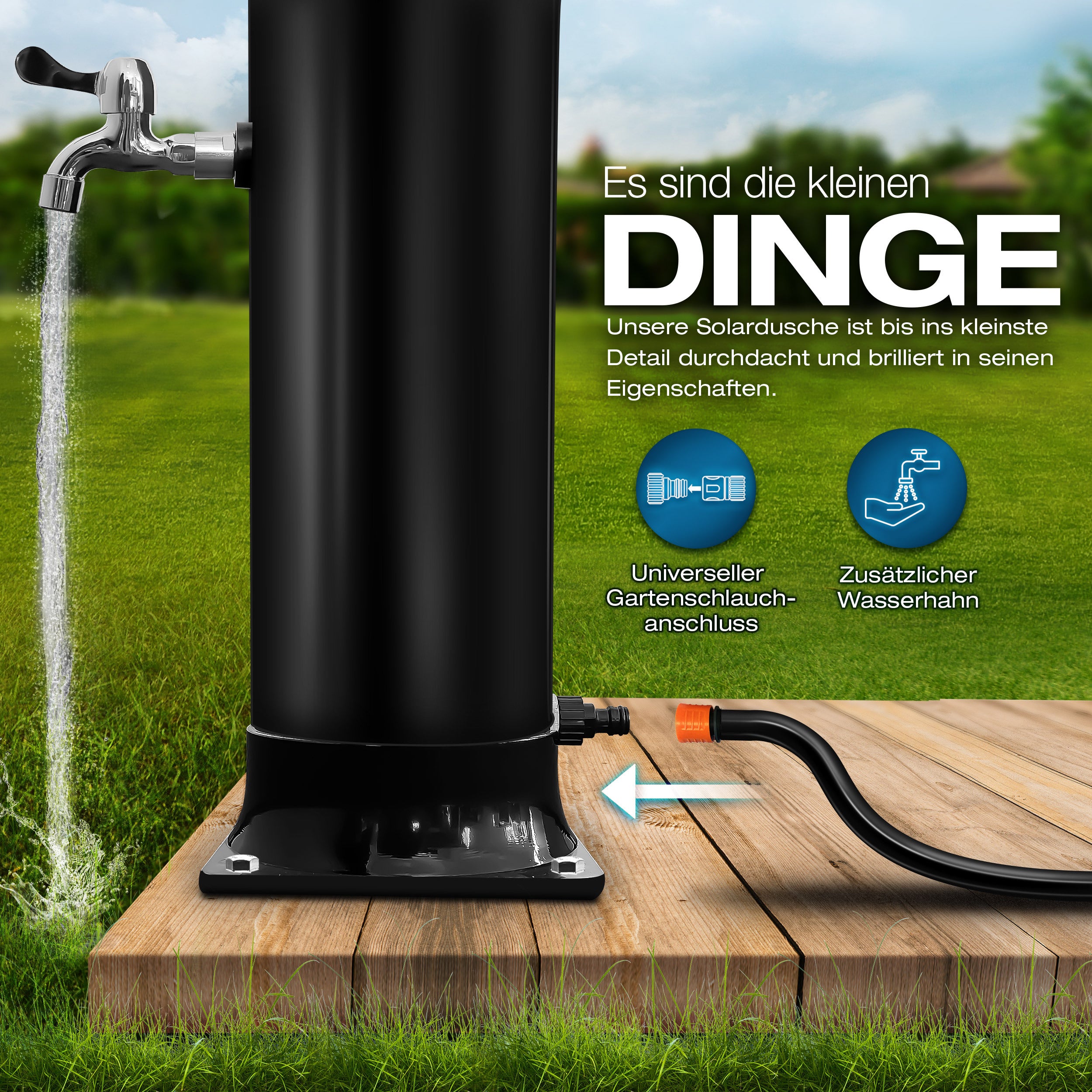 Tillvex® Douche Solaire 20 - 60 Litres Incluant Couvercle Douche Solaire de Jardin pour Piscine Extérieure Ensemble Complet Eau Chaude Camping Sans Connexion Électrique avec Robinet d'Eau Raccord de Tuyau d'Arrosage de Jardin