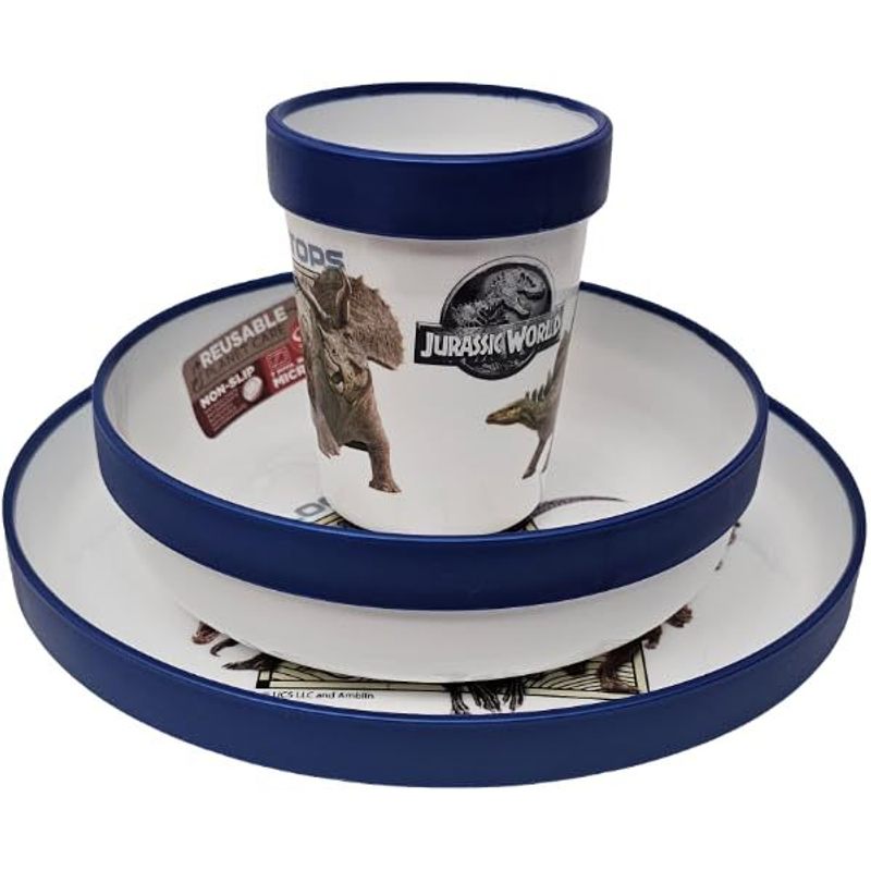 Ensemble de vaisselle réutilisable pour enfants, 2 couleurs - Ensemble de 3 pièces : Assiette, bol et tasse pour enfants et bébés avec base antidérapante - (Pour JURASSIC WORLD)