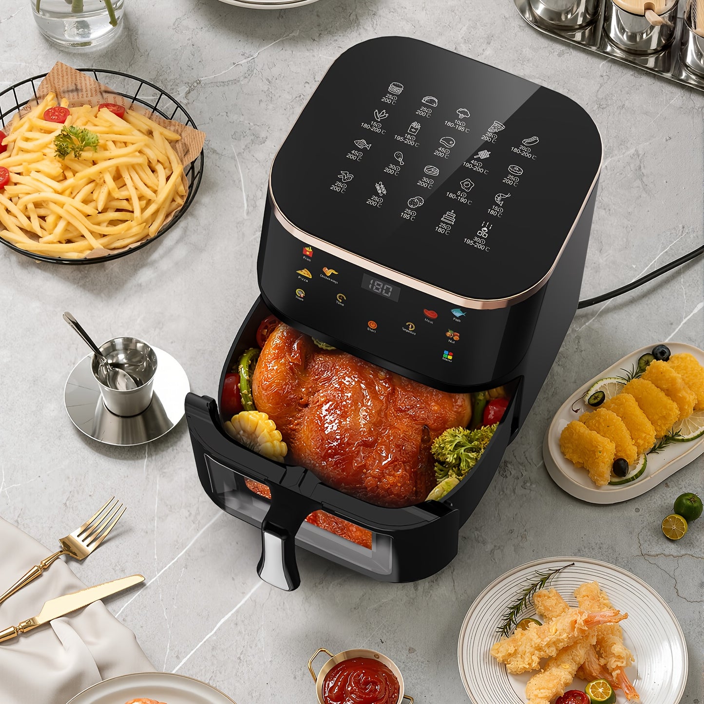 Friteuse à air visible avec fenêtre 10.5L, Technologie à air rapide, 90% moins d'huile, Économie d'énergie, 7 profils prédéfinis, Antiadhésive, Lavable au lave-vaisselle, Affichage numérique, Bouton +1 minute, Puissance 1800W