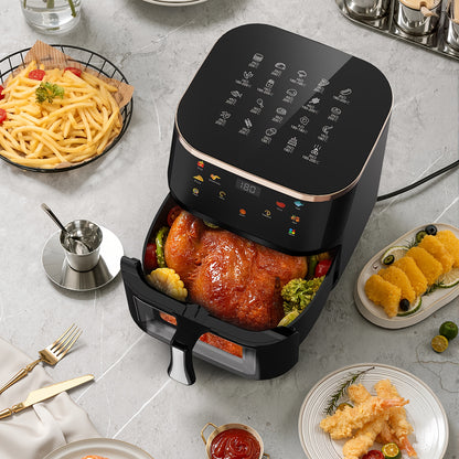 Friteuse à air visible avec fenêtre 10.5L, Technologie à air rapide, 90% moins d'huile, Économie d'énergie, 7 profils prédéfinis, Antiadhésive, Lavable au lave-vaisselle, Affichage numérique, Bouton +1 minute, Puissance 1800W
