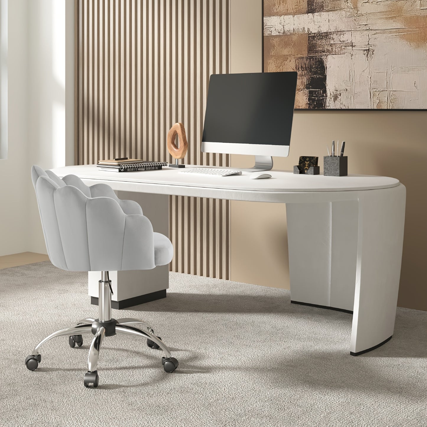 1pc Chaise de Bureau Maison, Chaise de Bureau, Chaise de Cosmétique, Chaise en Velours avec Dossier en Forme de Pétale - Confortable et Belle, Chaise Pivotante avec Roulettes, Hauteur de Chaise Réglable, Base en Métal, Facile à Assembler