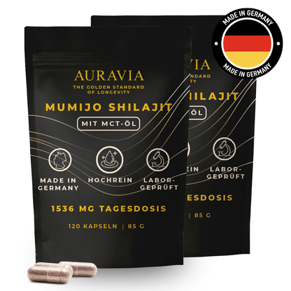 Lot de 2 capsules de Shilajit 196G Original avec huile MCT - Shilajit 2 X 120pièces Ultra Haute Dose en sac - AURAVIA® Végan - Shilajit rempli et testé en laboratoire en Allemagne - Fait en Allemagne